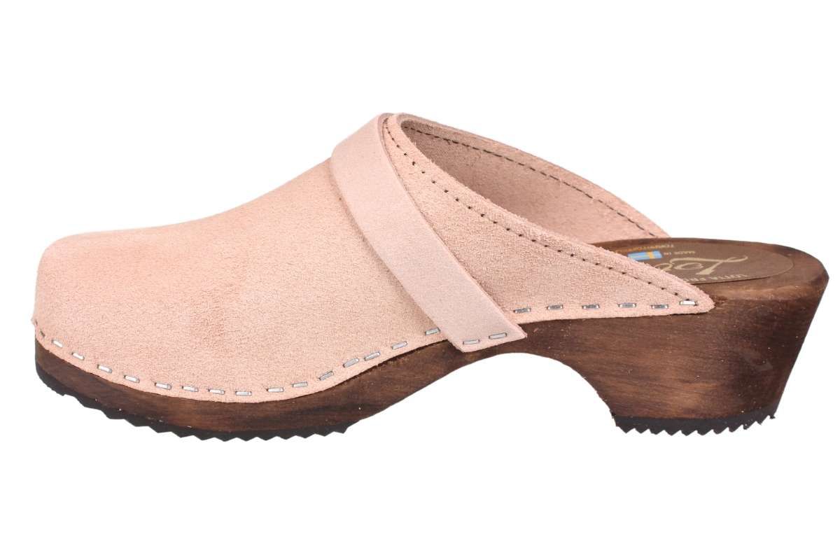 Dusty Pink Suede Clogs with a brown base by Lotta from Stockholm