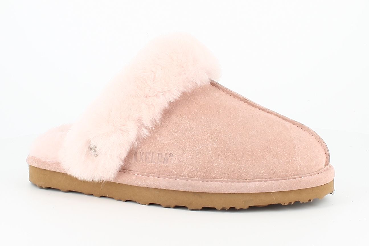 Sheepskin Nancy Mule Slippers in Pink with Fur Trim