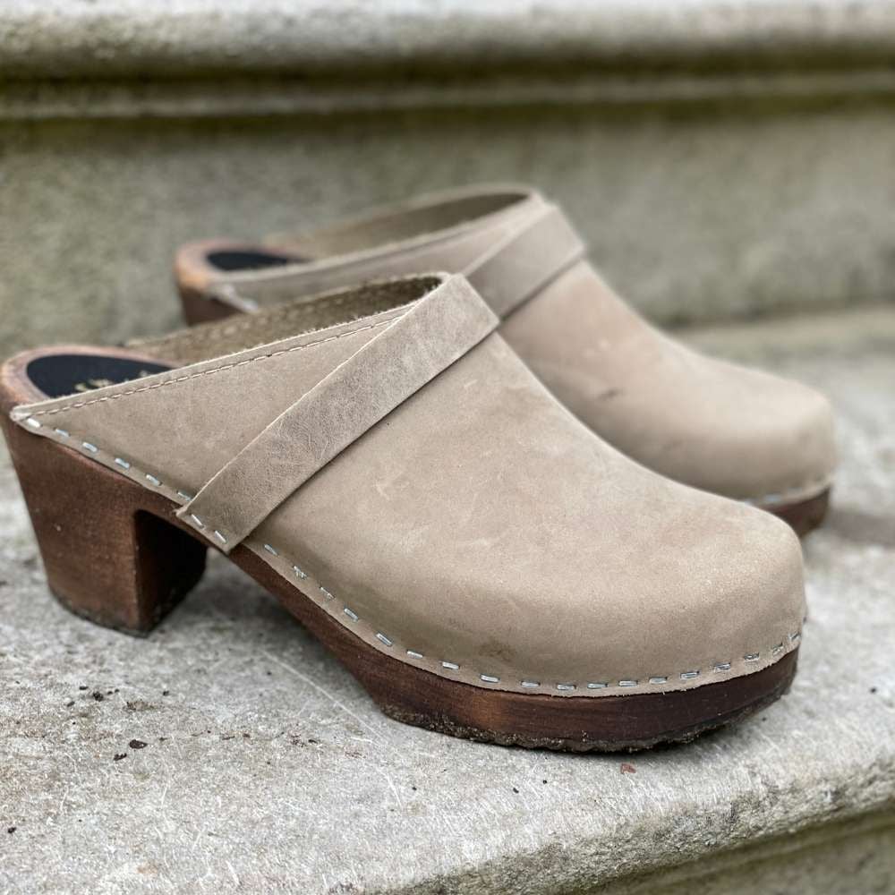  High Heel Classic Clog in Taupe Oiled Nubuck on Brown Base with Strap