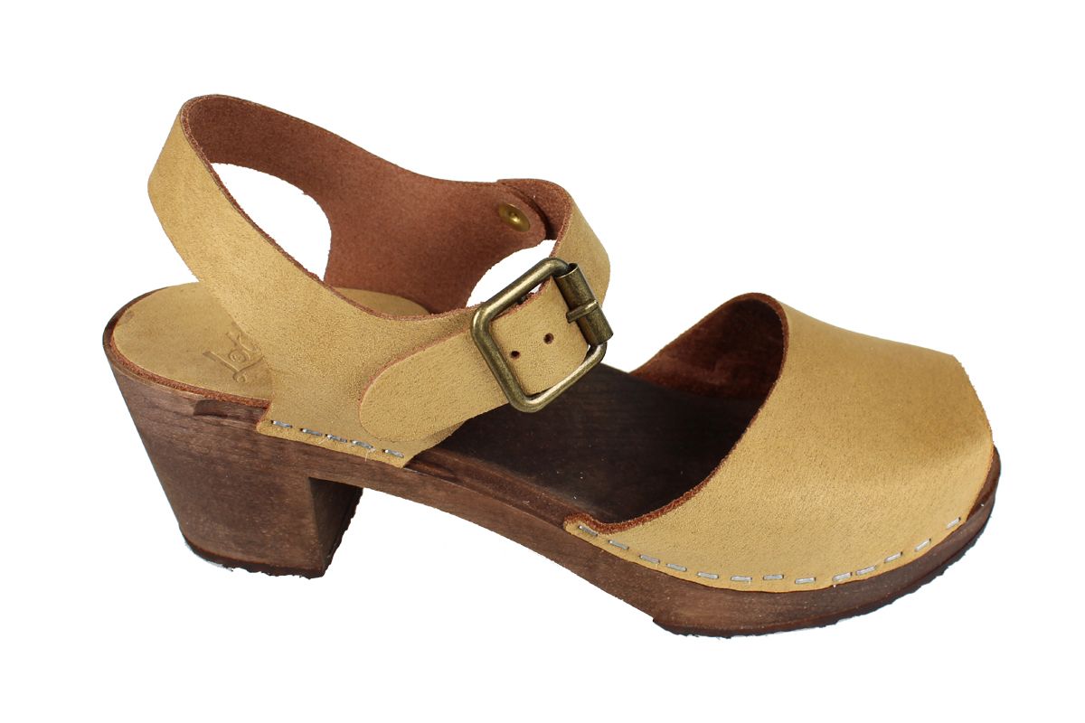 Alicia High Heel Open in Sand Stain Resistant Nubuck on Brown Base