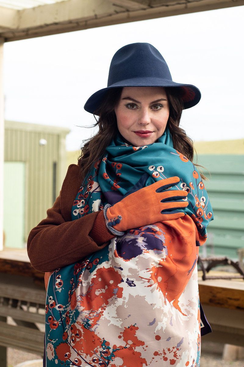 Powder Amanda Faux Suede Gloves in Tangerine and Navy