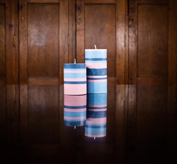 British Colour Standard 10 x 7.5 cm Tall Striped Rose Pink, Indigo Blue and Pompadour Pillar Candle 