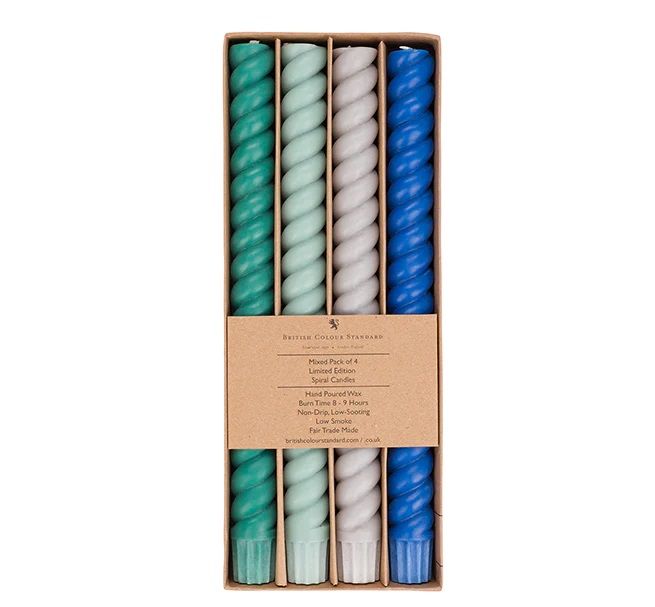 British Colour Standard Eco Dinner Candles Spiral -Mixed Blues / Greens, Mixed Set Of 4