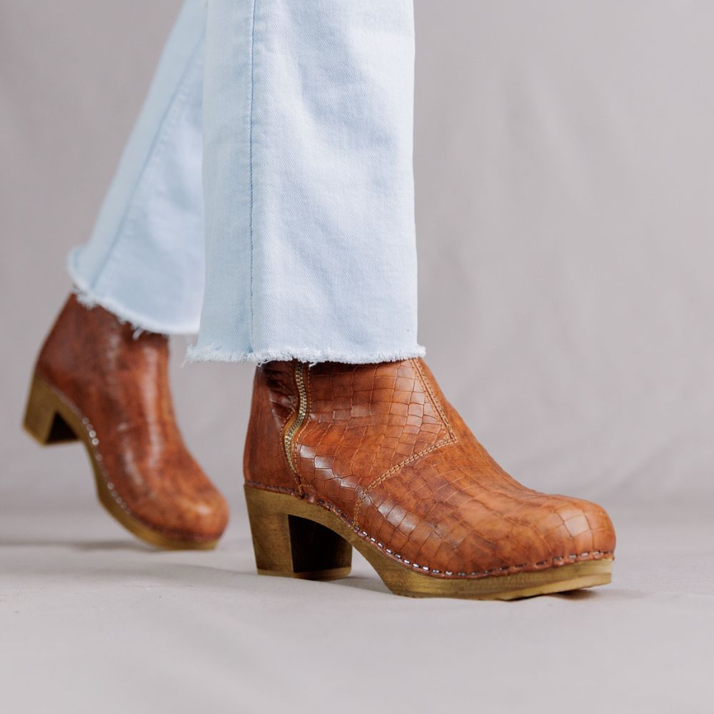 Lotta's Emma Clogs Boots in Cognac Croco print by Lotta from Stockholm