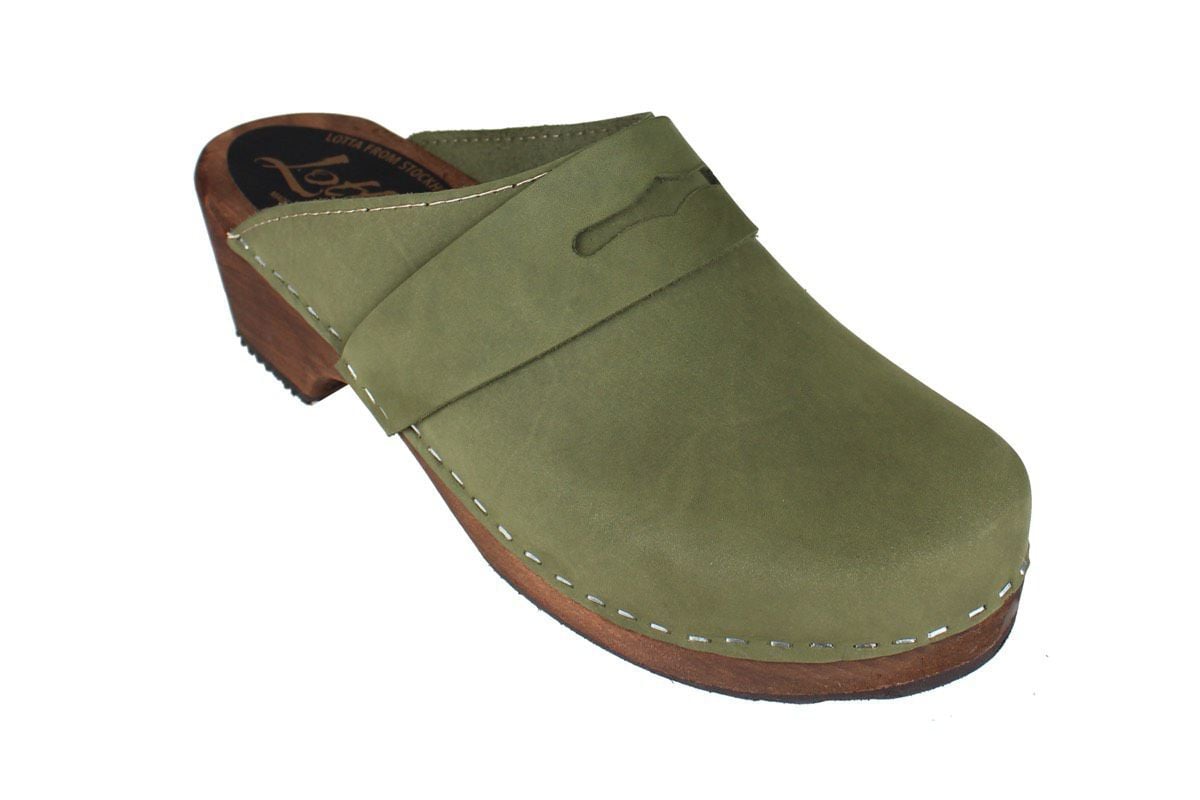 green leather clogs