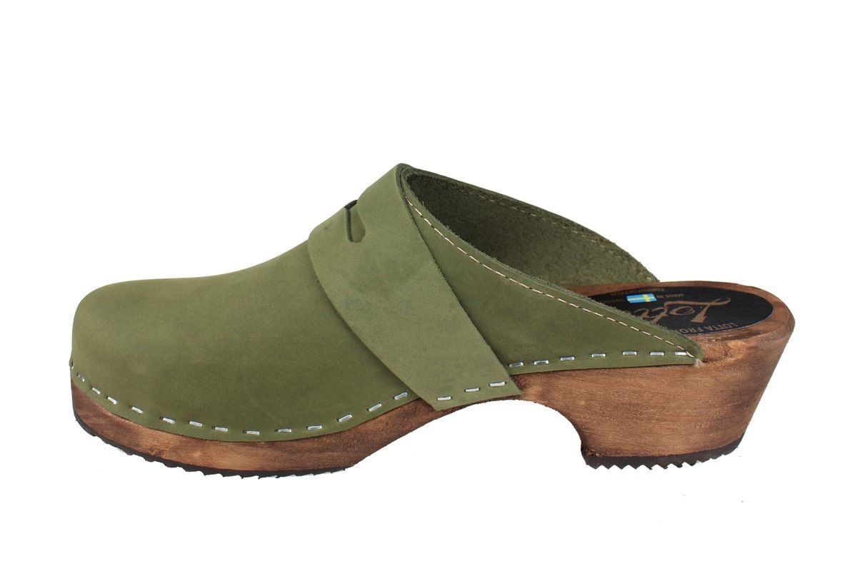 Classic Penny Clog Green Oiled Nubuck Leather on Brown Base