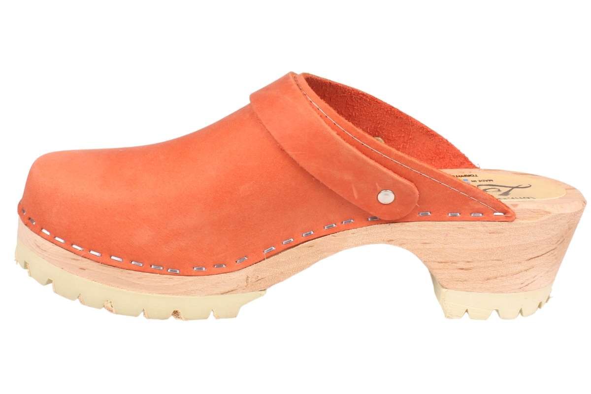Classic Orange Oiled Nubuck Women's clogs with a wooden base and tractor sole by Lotta from Stockholm