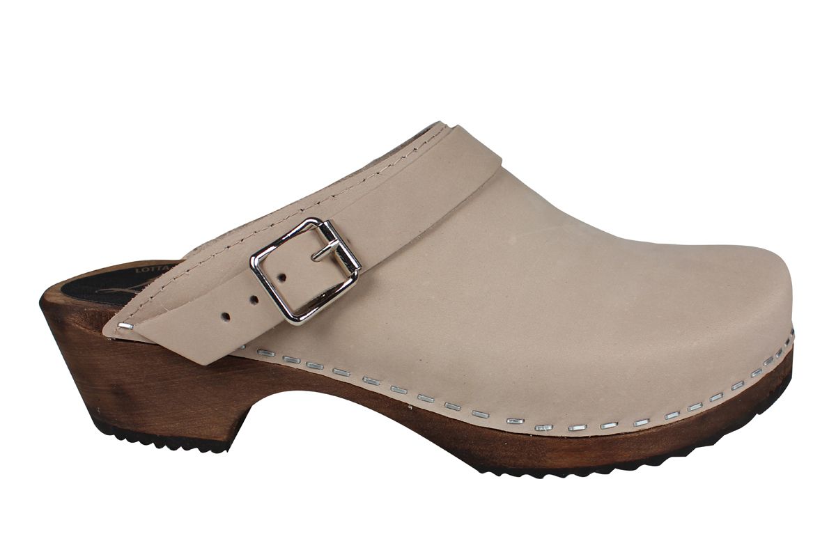 Classic Oatmeal Oiled Nubuck Clogs with Strap on Brown Base Seconds