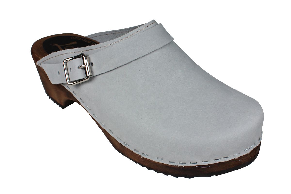 Classic Sea Grey Oiled Nubuck Clogs with Strap on Brown Base