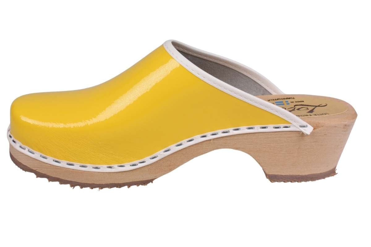 Patent Yellow women's Clogs with a white trim and natural wooden base by Lotta from Stockholm