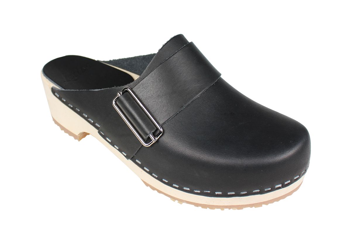 Elsa Classic Black Leather Clogs with Buckle Seconds 