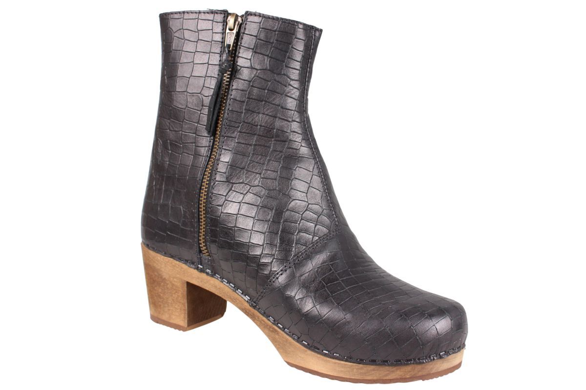 Emma Clog Boots in Black Croco Leather with wooden clog base, by Lotta from Stockholm