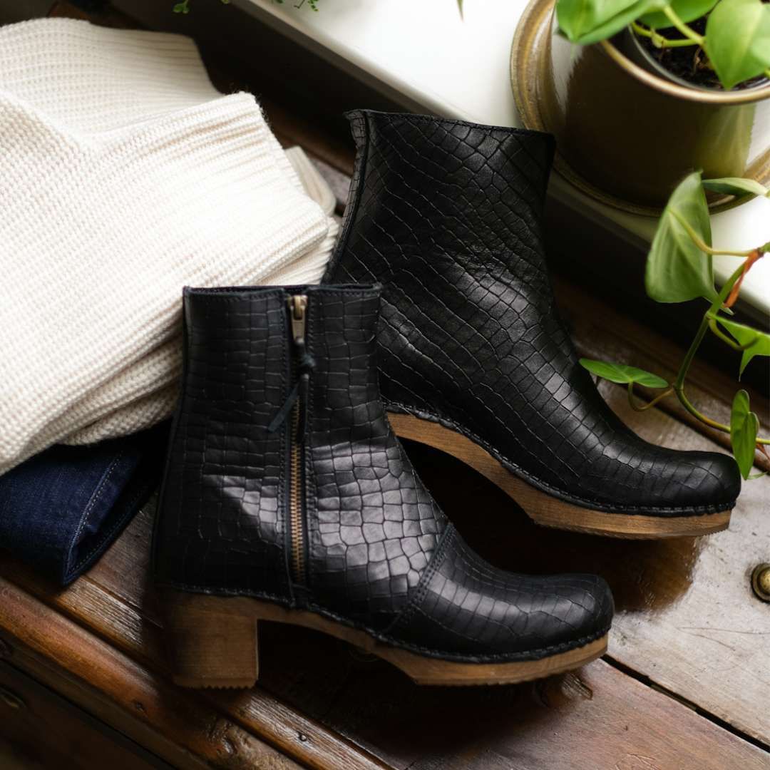 Womens black winter boots womens zip up winter boots Emma Clog Boots in Black Croco Leather with wooden clogs base. Side view with zip closure by Lotta from Stockholm