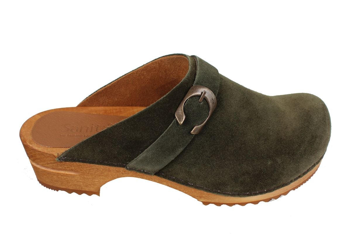 Green suede clogs on sale