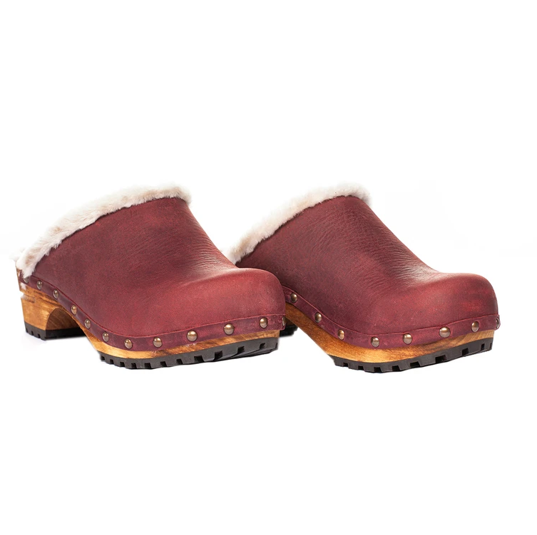 Sanita Hese Wooden Clog with shearling fur in Yak Nubuck Leather Bordeaux