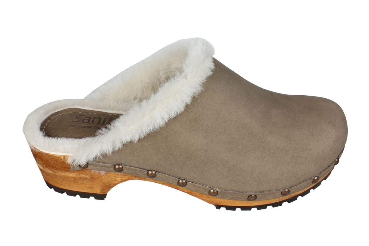 Sanita Hese Wooden Clog with shearling fur in Yak Nubuck Leather Taupe