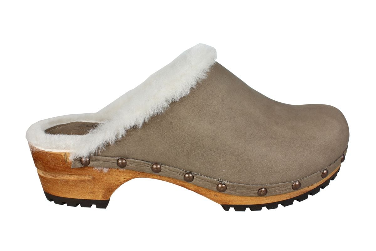 Sanita Hese Wooden Clog with shearling fur in Yak Nubuck Leather Taupe
