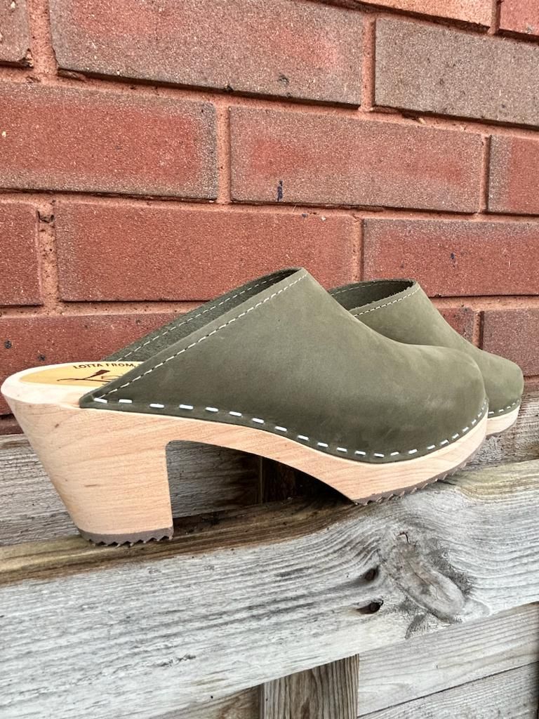 High Heel Classic Clogs Olive Oiled Nubuck Leather