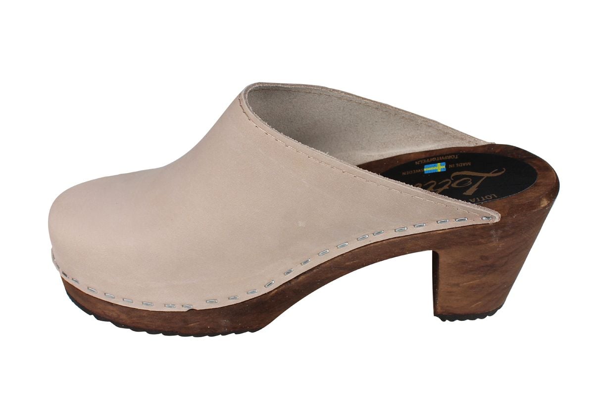 High Heeled Clogs Oatmeal Oiled Nubuck with a dark wooden base by Lotta from Stockholm