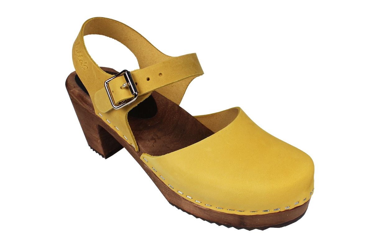 Highwood Clogs in Yellow Oiled Nubuck Leather on Brown Wooden Clogs Base