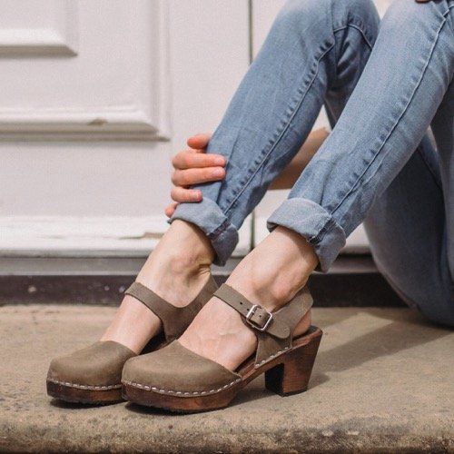 Lotta From Stockholm Swedish Clogs Highwood in Taupe Oiled Nubuck Leather with Brown Sole
