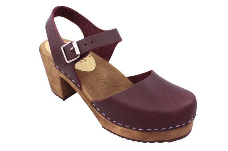 Highwood Leather Clogs in Aubergine on Brown wooden clogs Base
