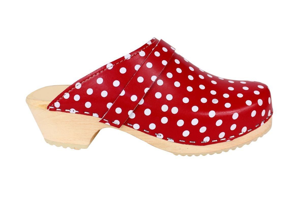 Torpatoffeln Classic Clog in Red Leather with White Spots Side