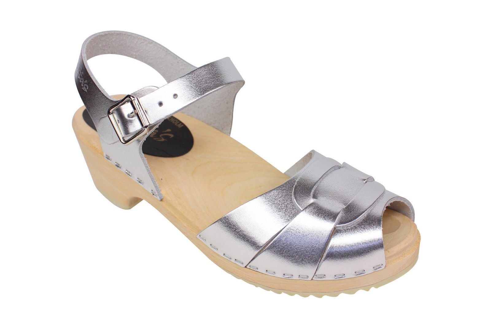 Lotta From Stockholm Low Heel Peep Toe in Silver Leather