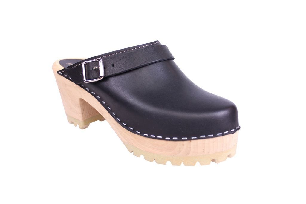 Lotta From Stockhom High Clog WIth Tractor Heel and Moveable strap in Black Leather main