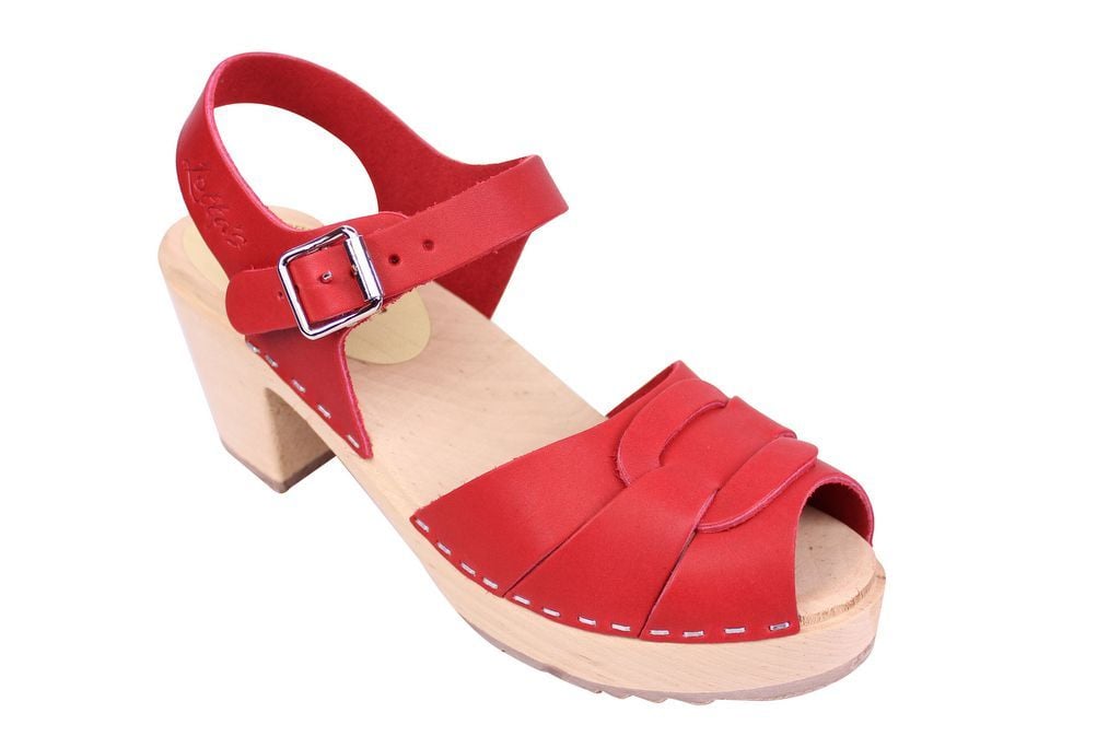 Peep Toe Clogs in Red Leather