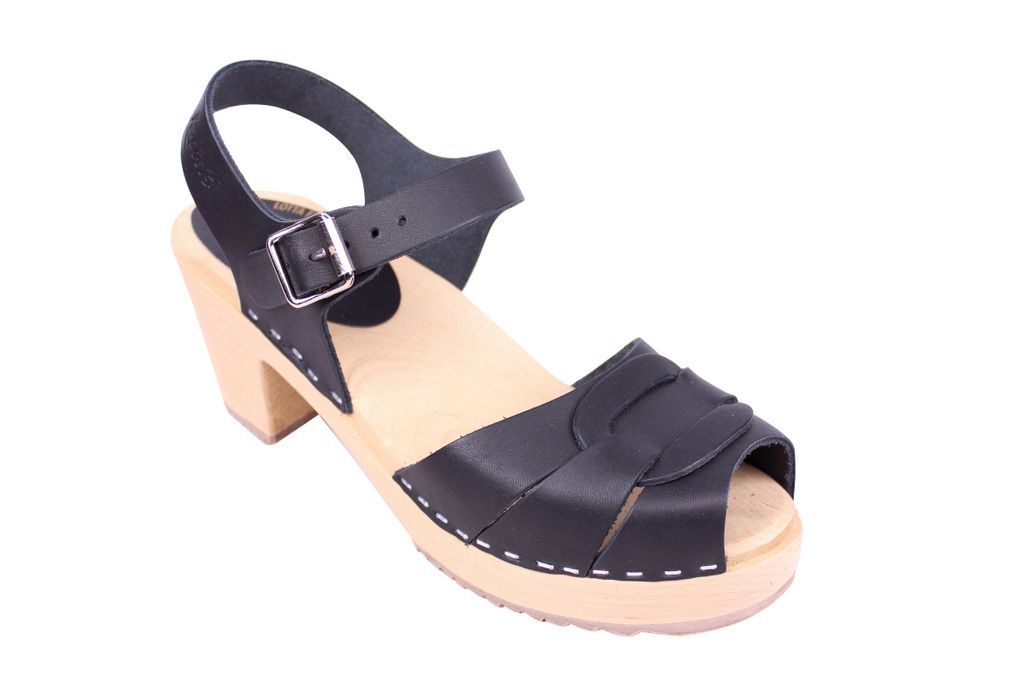 Lotta From Stockholm Peep Toe Clog in Black Leather