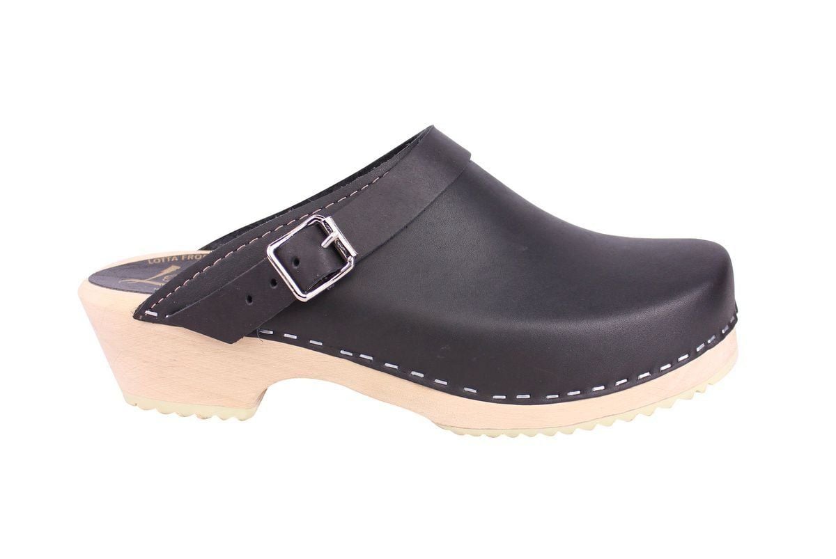 Classic Black Leather Clogs with Strap side