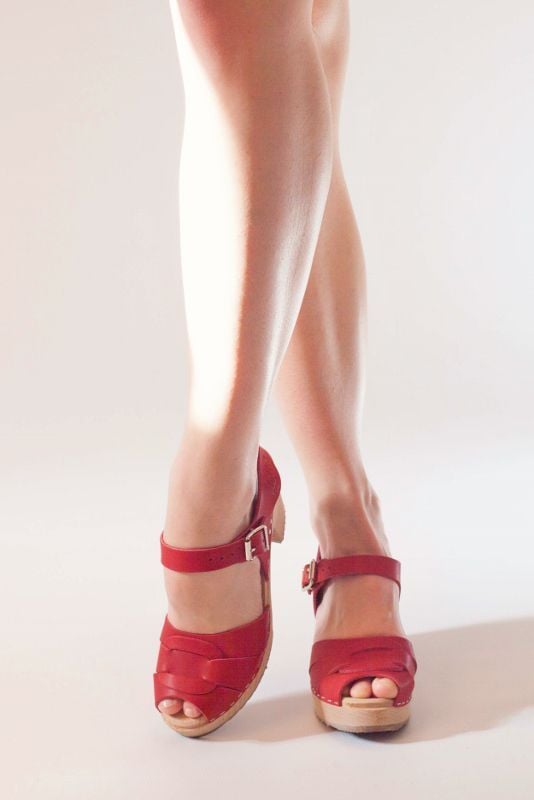 Peep Toe Clogs Red Leather