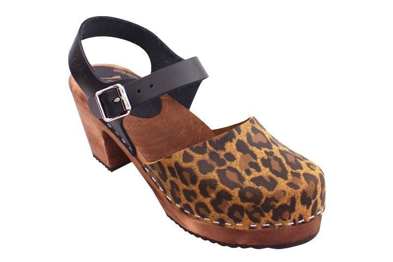 Highwood Clogs Leopard Print and Black with Brown Wooden Clogs Base