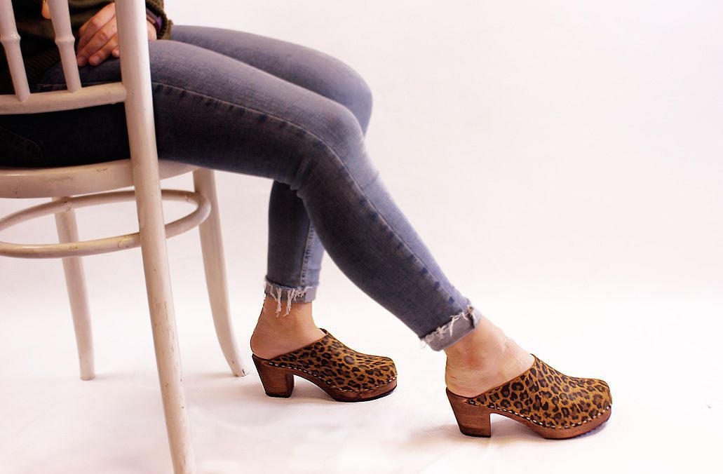 High Heel Classic Clog in Leopard with Brown Base Seconds