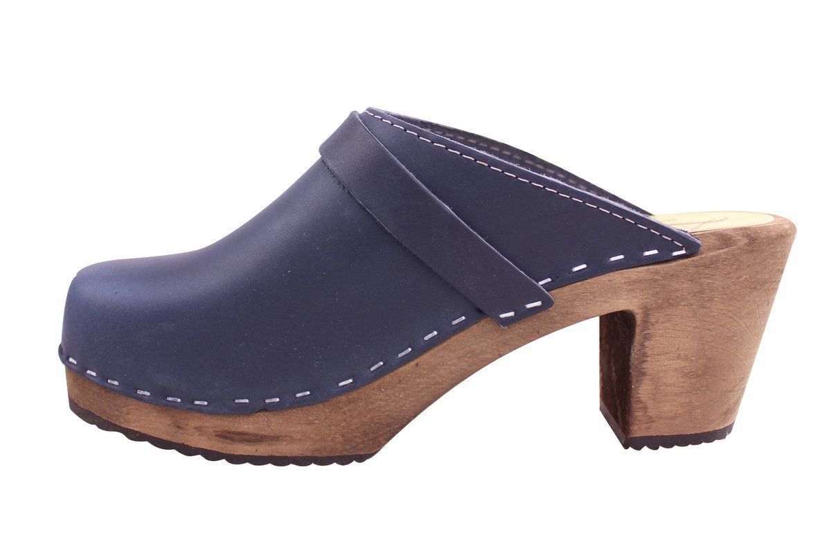 High Heel Classic Clog Navy Brown Base with Strap