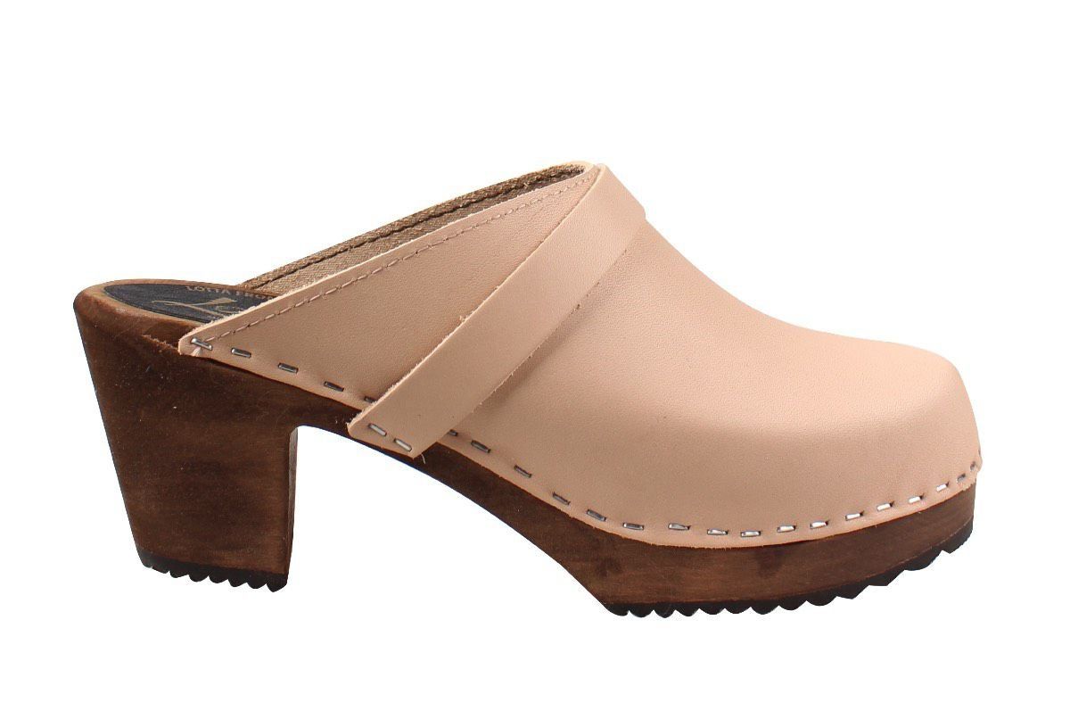 High Heel Classic Clog in Cappuccino with Brown Base with Strap