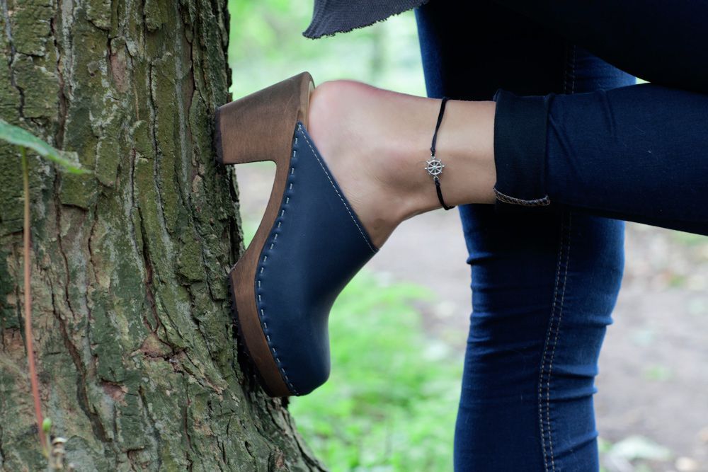 High Heel Classic Clog Navy with Brown Base. Seconds