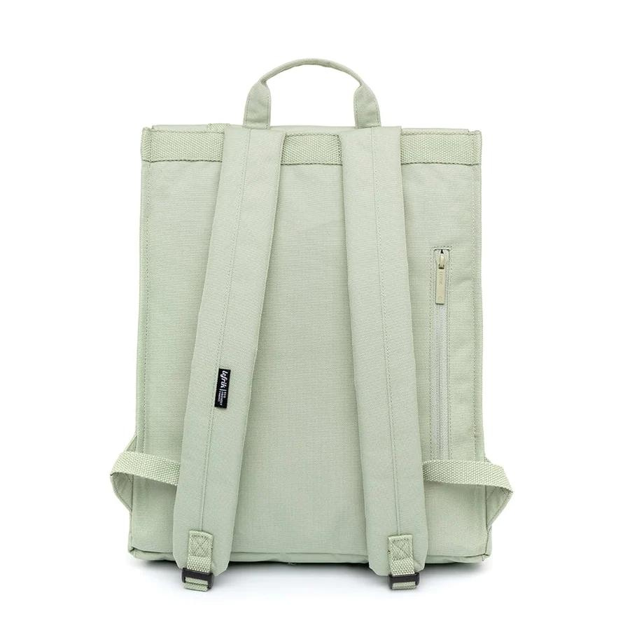 Lefrik Handy backpack recycled in sage back view showing straps and zipped pocket