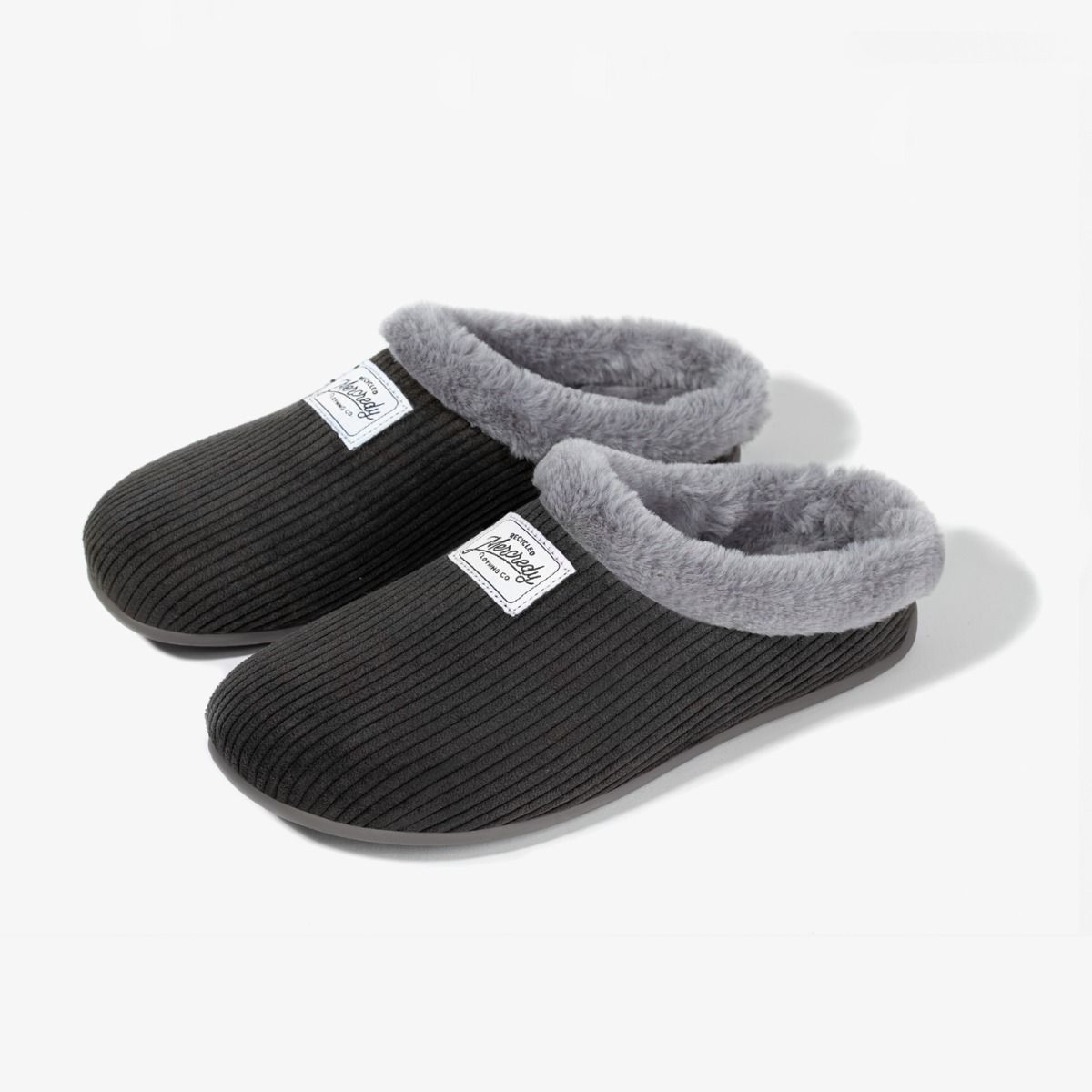 Mercredy Corduroy Mule Slippers with Fluffy Trim in Charcoal