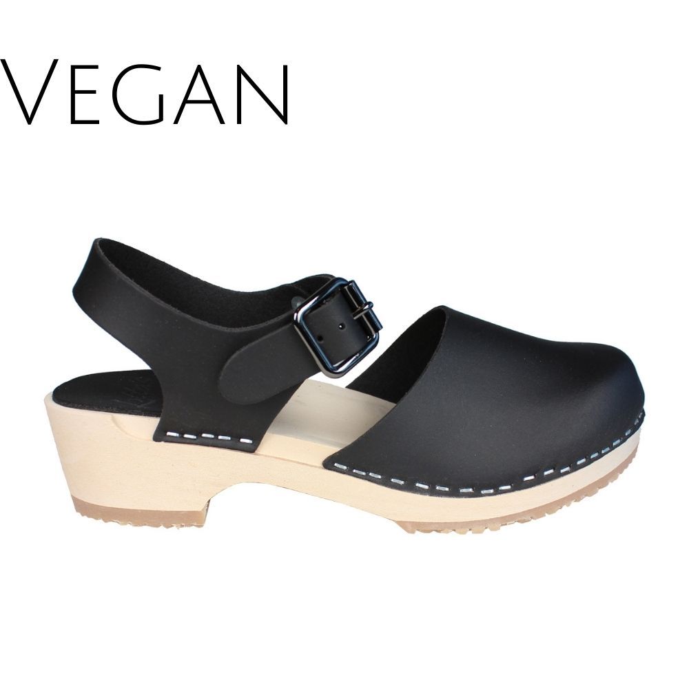 Vegan Greta Low Wood Clogs Black Vegan Leather