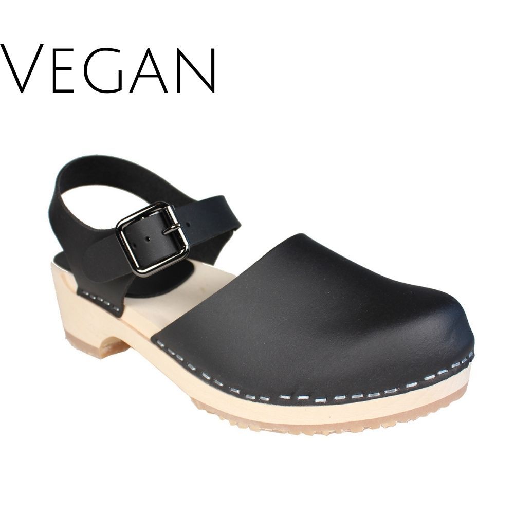 Vegan Greta Low Wood Clogs Black Vegan Leather