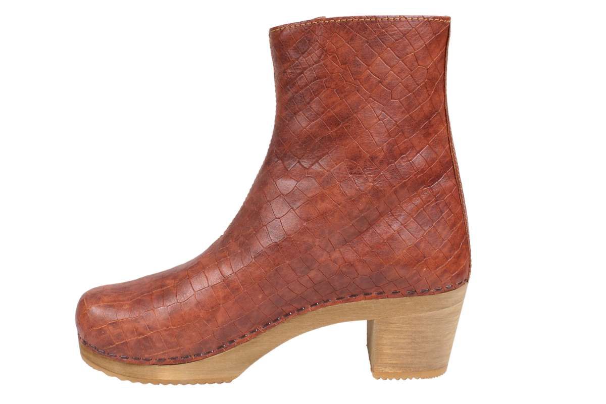 womens winter ankle boots Lotta's Emma Clogs Boots in Cognac Croco print Leather. Winter Footwear for women by Lotta from Stockholm