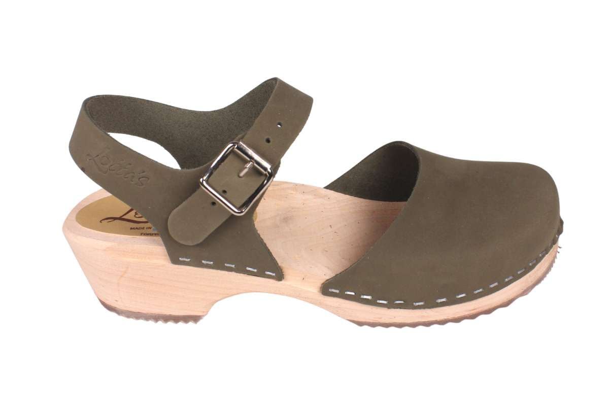 Low wood women's clogs in olive on a natural wooden clogs base by Lotta from Stockholm