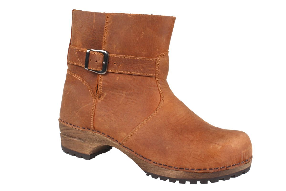 Mina Clog Boots in Chestnut coloured leather with wooden clogs base and ankle strap