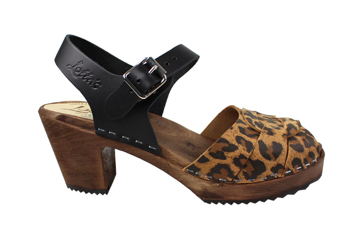 Peep Toe Clogs Leopard Print and Black on Brown Base