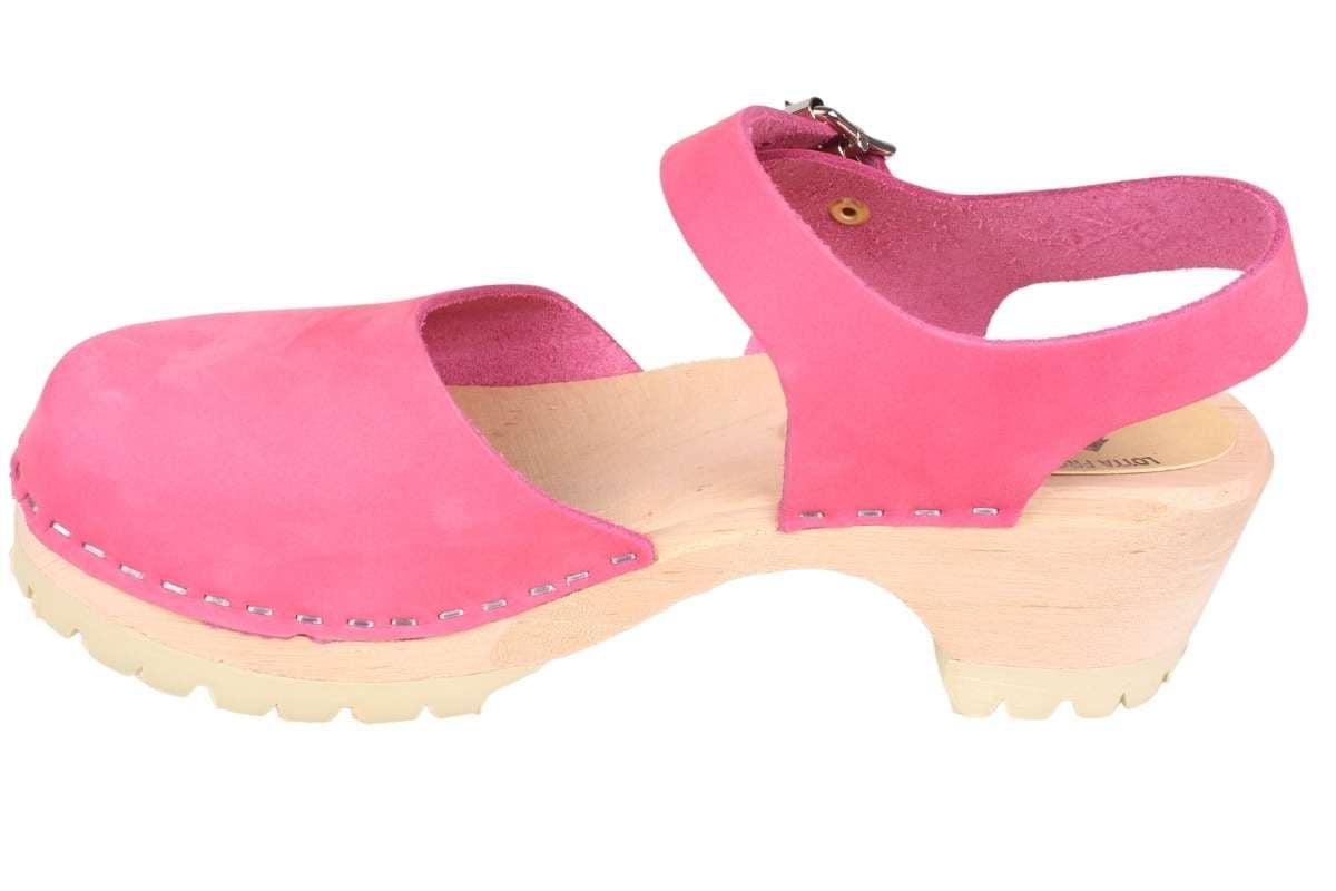 Pink Oiled Nubuck Women's clogs with a wooden base and tractor sole by Lotta from Stockholm