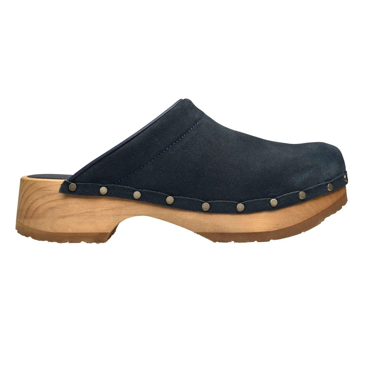 Sanita Clogs Cho Chunky Blue womens clogs Lotta from Stockholm. Blue suede clogs upper with wooden clogs base