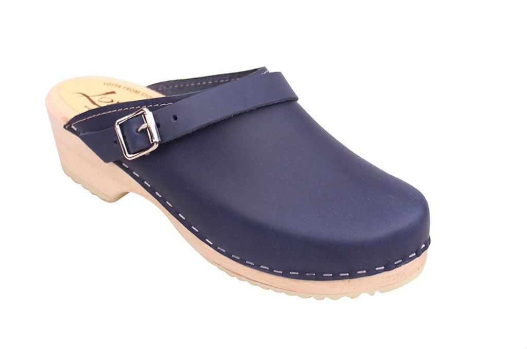 navy leather clogs