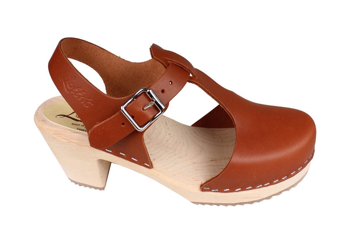 Lotta From Stockholm Highwood Tbar High Heel Clogs in Tan Leather 